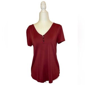 Pink Rose | Juniors Button Pink Top | Short Sleeve V-Neck | S